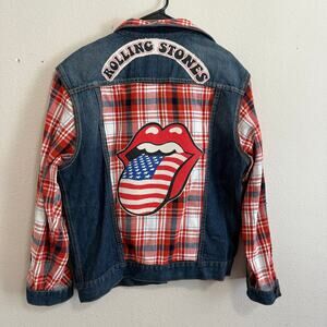 Upcycled Agile Denim Trucker Jacket w/Rolling Stones Graphic & Flannel Size XL